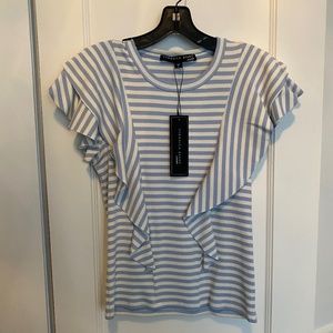 Veronica Beard Bea SS Ruffle Tee -Striped Chambray White Small Brand New